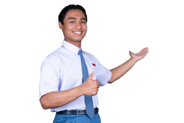 Indonesian Male High School Student in Uniform Presenting Gesture Isolated Transparent