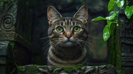 A serene tabby cat gazes curiously from an ancient stone structure, surrounded by lush greenery and a mystical atmosphere.