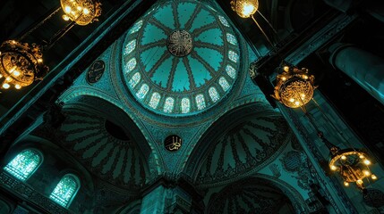 Majestic interior of a historical dome with intricate designs and glowing chandeliers