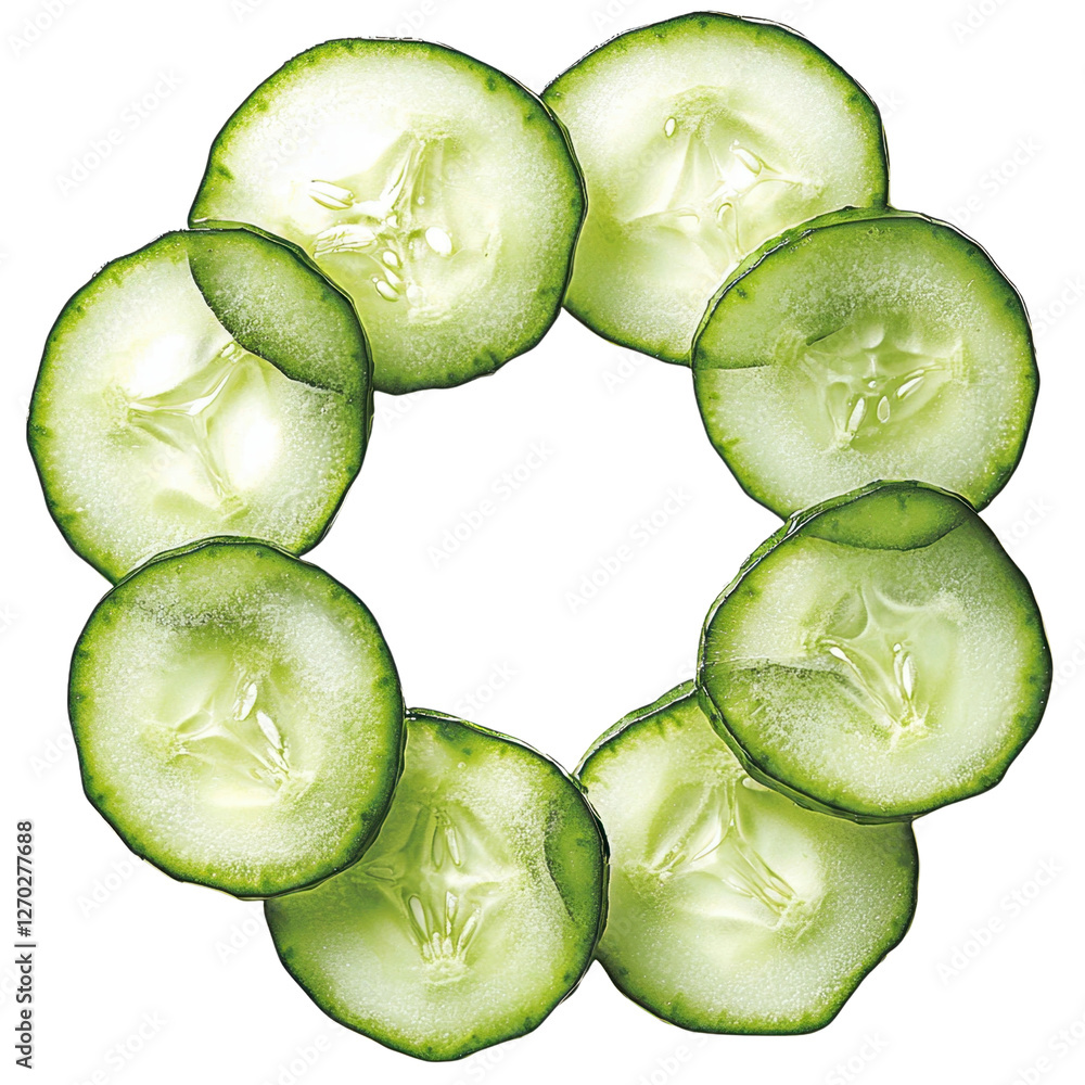 Poster fresh green cucumber slices arranged in a circular pattern