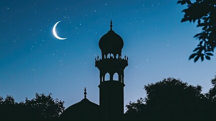 Silhouette of a mosque tower under a crescent moon and starry sky at twilight