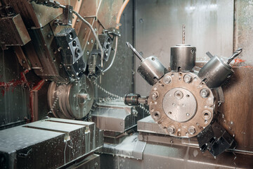 Fototapeta premium Precision tooling: A close up shot of CNC machines in action showcasing modern manufacturing technology