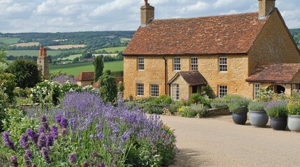 Charming countryside house surrounded by vibrant flowers and scenic hills under a blue sky
