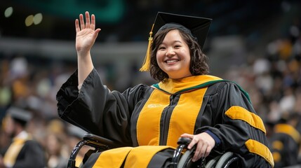 A joyful graduate in a wheelchair waves at the audience, wearing a cap and gown with yellow and black colors during a commencement ceremony.
