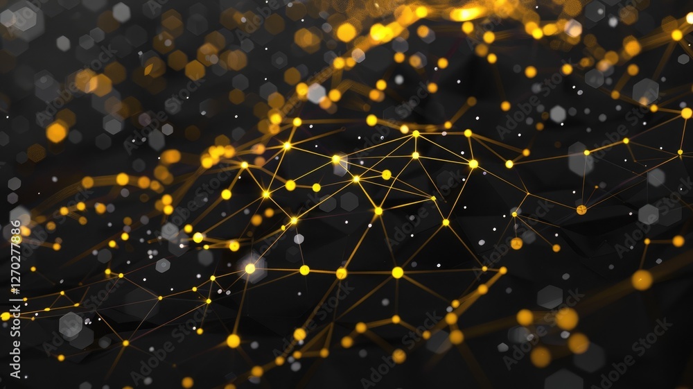 Poster a stunning abstract image portraying a futuristic blockchain network with yellow dots and lines agai
