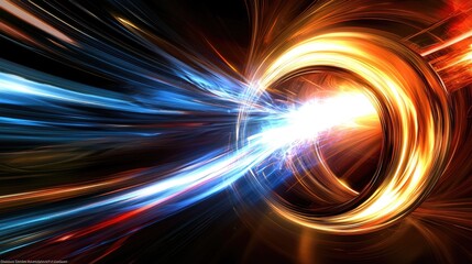 Abstract depiction of vibrant light trails converging towards a central point, showcasing dynamic energy