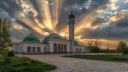 Majestic mosque under a dramatic sunset with rays of light illuminating the sky and surroundings