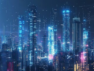Futuristic cityscape with illuminated skyscrapers displaying digital information overlay