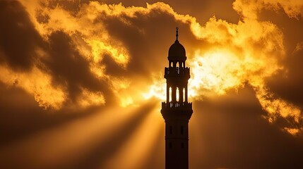 Silhouette of a mosque minaret against a dramatic sunset with rays of light piercing clouds