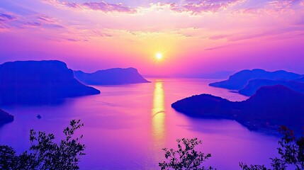 Serene sunset over tranquil lake surrounded by mountains and vibrant sky reflecting colors