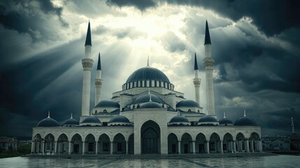 Majestic mosque under dramatic stormy skies with rays of light illuminating the architecture