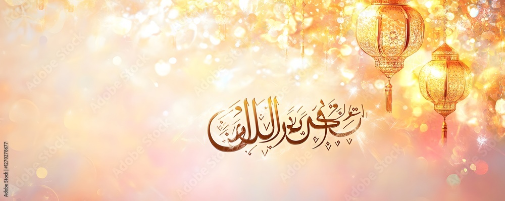 Poster golden arabic text and lanterns float on a sparkling background