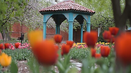 Colorful tulips in a garden with a blue gazebo and blooming trees in the background