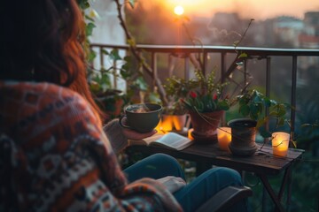 Fototapeta premium Person with tea cup in peaceful terrace. Mug of hot drink for drinking in tea time at outdoor scene express aroma and warm inside warm atmosphere perfect for beverage advertisement or poster. AIG61.