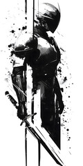Stylized Warrior Character with Sword in Black and White