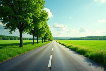 Obraz premium Asphalt Pathway Through Verdant Fields Under a Summer Sky, Lined with Lush Green Trees on a Sunny Day, Leading to an Open Horizon