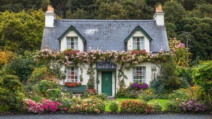 Charming cottage surrounded by vibrant flowers and lush greenery in a serene garden setting