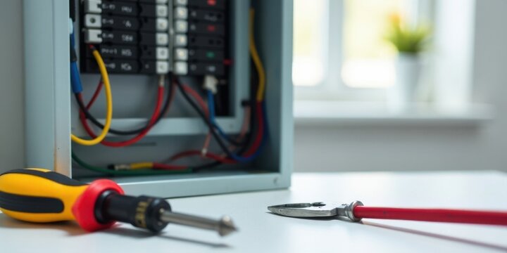 Close-up view of electrical panel components and tools for home repair or maintenance