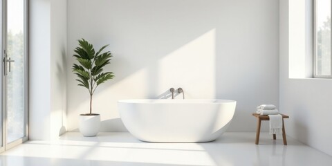 Serene Minimalist Bathroom Design Featuring a Freestanding Tub, Plant, and Wooden Stool