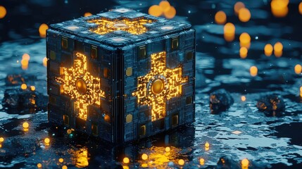 Futuristic glowing cube on a reflective surface with luminous particles in a dark environment