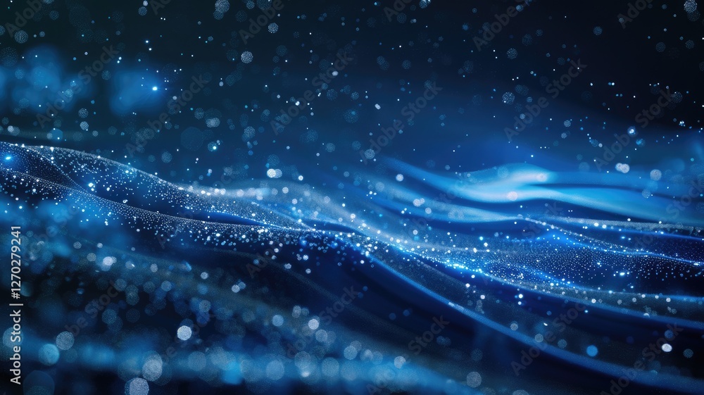 Poster Abstract picture micro light sparkling particle represent data flow vivid flowing wave with high tech background, create digital effect scene perfect for energetic and fantasy wallpaper design. AIG53.