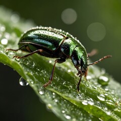 Fototapeta premium Dew-Kissed Beauty: The Elaphrus viridis Beetle Amongst Fresh Leaves