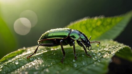 Naklejka premium Nature's Morning Gem: The Elaphrus viridis Beetle and Dewy Leaves