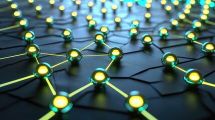 Abstract representation of interconnected nodes on a dark surface with glowing highlights