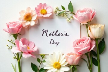 A delicate arrangement of pink and white blossoms surrounding a heartfelt Mother's Day message.