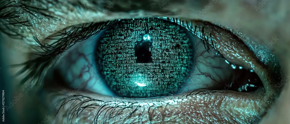 Poster digital eye: a close-up of a human eye with binary code reflected in the iris
