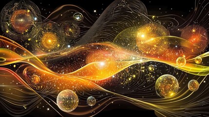 Abstract cosmic scene with swirling lights and colorful orbs representing the universe's beauty