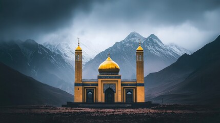 Majestic golden mosque stands against a dramatic mountain backdrop under stormy skies