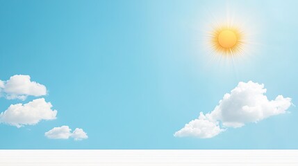 Bright blue sky with fluffy white clouds and a radiant sun shining over a serene landscape