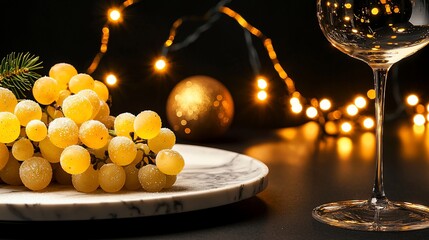 Festive yellow grapes on marble plate with wine glass and lights.