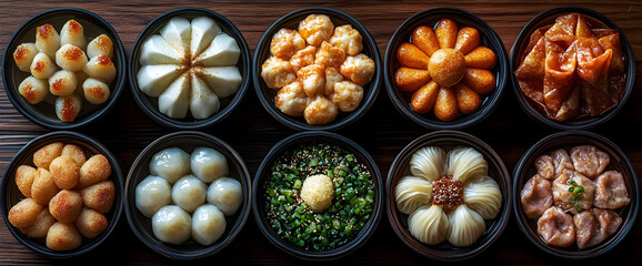 Fototapeta premium Assortment Of Colorful Steamed Dim Sum Dishes On Dark Wooden Background