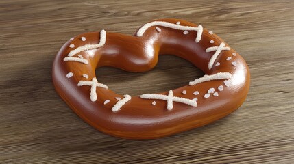 Close-up of a freshly baked, glossy pretzel with salt crystals on a wooden surface