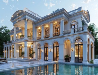 Naklejka premium Luxury Mansion with a Swimming Pool at Dusk