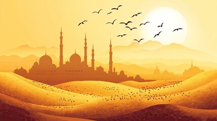 Silhouette of a grand mosque at sunset with birds flying over golden desert dunes