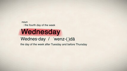 "Wednesday" word appearing in a dictionary animation. Represents midweek, balance, and productivity
