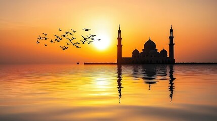 Serene sunset over a tranquil lake with a mosque silhouette and birds in flight