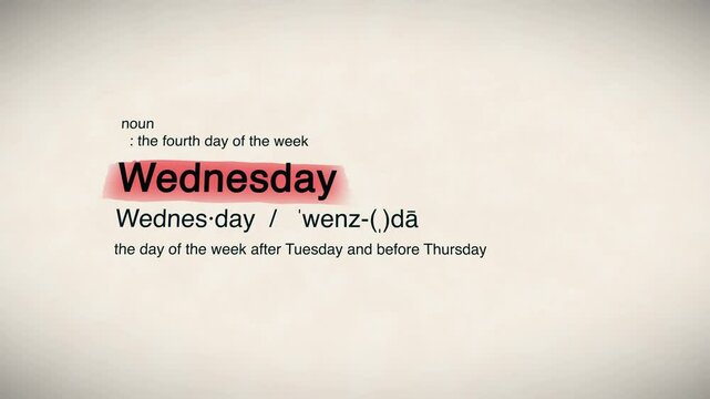 "Wednesday" word appearing in a dictionary animation. Represents midweek, balance, and productivity