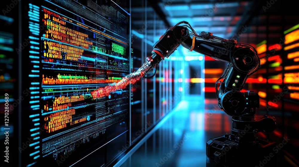 Poster robotic arm interacting with data center screen