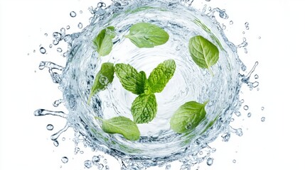 Fresh Mint Leaves Surrounded by Water Splashes in Circular Motion
