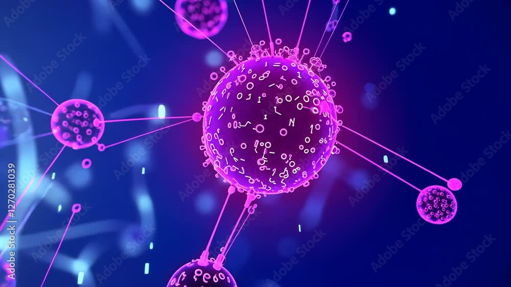 Poster digital representation of network with interconnected nodes featuring glowing pink spheres and binar