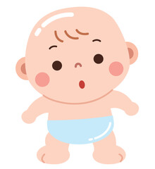 An adorable cartoon illustration of a baby in a light blue diaper with a surprised or curious expression.