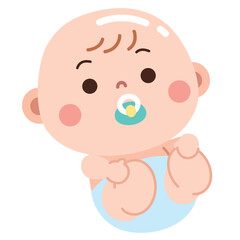 A sweet and adorable cartoon illustration of a baby dressed in a light blue diaper, sucking on a pacifier. 