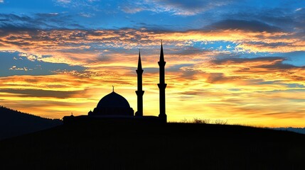 Silhouette of a Mosque Against a Vibrant Sunset Sky with Dramatic Clouds and Landscape