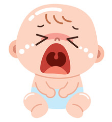 A cute yet emotional cartoon illustration of a crying baby wearing a light blue diaper. The baby has tears streaming down its face