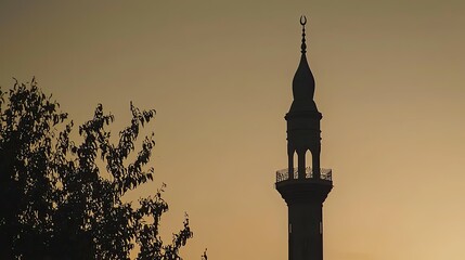 Silhouette of a mosque minaret against a sunset sky with trees in the foreground