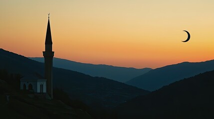 Serene twilight over a mountainous landscape featuring a mosque silhouette and crescent moon